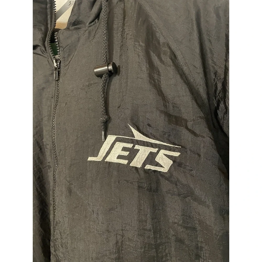 Vintage 90s New York Jets NFL Game Day Puffer Jacket XL Black Green Hooded Coat
